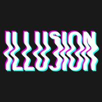 Vector illustration with 3d glitch effect, lettering ILLUSION. Groovy wavy lettering in trendy psychedelic y2k, 90s, 00s rave style, nostalgia, crazy print.