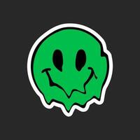 Sticker in the style of the 90s, 00s, Y2K green smiling face. Trendy blurry patch on dark background, acid vector element.