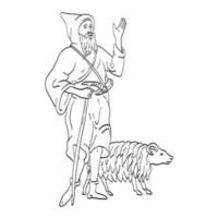 Medieval Shepherd or Sheepherder with Staff and Sheep Medieval Style Line Art Drawing vector