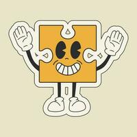 Cute happy funny puzzle 30s cartoon mascot character 40s, 50s, 60s old animation style. vector