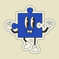 Cute happy funny puzzle 30s cartoon mascot character 40s, 50s, 60s old animation style. vector