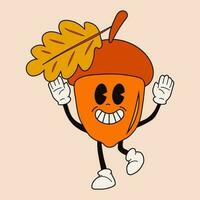 Cute happy funny acorn 30s cartoon mascot character 40s, 50s, 60s old animation style. vector