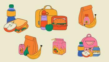 Set of School lunch box, container. Various food. Hand drawn Vector illustration. Isolated elements, design templates. Healthy food concept