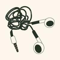 Black and white Headphones, earphones. Sound headsets, devices, wired music accessories, stereo gadgets with mic, cord. Isolated flat vector illustration