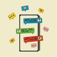 Phone with short messages, icons and emoticons. Chatting with friends and sending new messages. Communication, social networking concept. Vector illustration in flat style