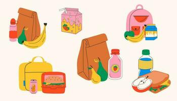 conjunto de colegio almuerzo caja, envase. varios alimento. mano dibujado vector ilustración. aislado elementos, diseño plantillas. sano comida concepto