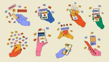 Set of Hands holding smartphones with various images. Communication, social networking concept. Communication, social networking concept. Vector illustration in flat style