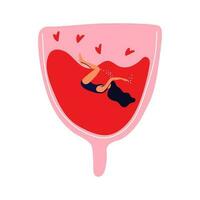 Women swim in menstrual cup. Girl having menstrual period, menstruation, premenstrual syndrome, PMS, female reproductive system. vector