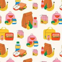 Seamless pattern with School lunch box, container. Various food. Hand drawn. Isolated elements, design templates. Healthy food concept vector