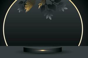 Abstract Golden and Black Stage Podium - Luxury Modern Platform for Product Display Advertising with Circle Rings and Leaves Background vector