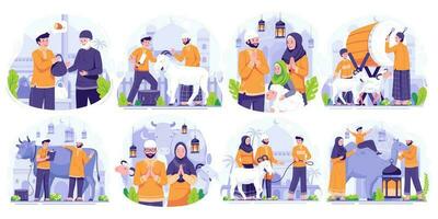 Illustration Set of Happy Eid Al Adha Mubarak. Muslim People celebrate Eid Al Adha. Vector illustration