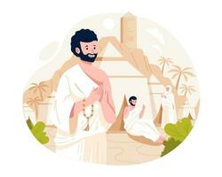 Islamic Hajj Pilgrimage. Muslim pilgrims pray and rest at the Mina tents area. One of Islam's sacred pilgrimage routes. Vector illustration in flat style