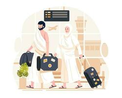 islámico hajj peregrinaje. un musulmán Pareja de peregrinos vistiendo ihram ropa con un maleta sólo llegado a el aeropuerto en la meca. vector ilustración en plano estilo