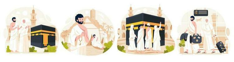 Illustration Set of Islamic Hajj Pilgrimage. Muslim People performs Islamic Hajj Pilgrimage. Man and Woman Hajj characters wear ihram clothes with a Kaaba background. Vector illustration