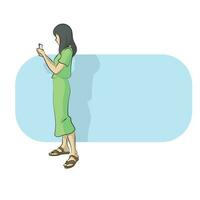 line art full length of woman in green suit using smartphone with blue blank space illustration vector hand drawn isolated on white background