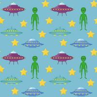 Cute background with cartoon UFOs, green alien, stars on blue. Space childish seamless pattern. Ufo background. Vector illustration.