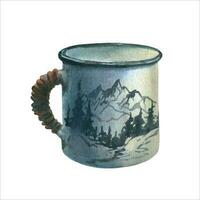 Watercolor vector illustration of a tourist iron mug isolated on a white background. White iron tea mug with a pattern of mountains and fir trees on it