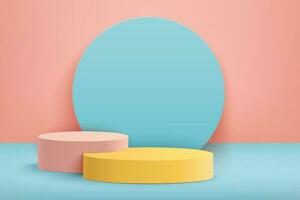 Abstract 3D realistic colorful empty round podiums and blue round shape. Minimal scene for product display presentation vector