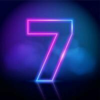 Purple neon tube number seven with fog on dark background. Neon color glowing number vector