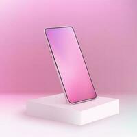 Pink realistic smartphone mockup on square podium. 3d mobile phone with gradient screen. Modern cell phone template on purple background vector