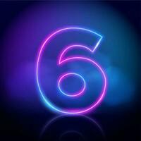 Purple neon tube number six with fog on dark background. Neon color glowing number vector