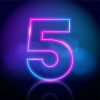 Purple neon tube number five with fog on dark background. Neon color glowing number vector