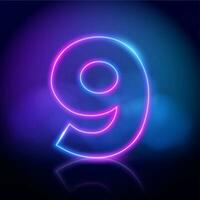 Purple neon tube number nine with fog on dark background. Neon color glowing number vector