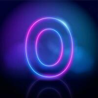 Purple neon tube number zero with fog on dark background. Neon color glowing number vector