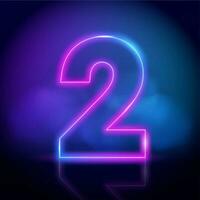 Purple neon tube number two with fog on dark background. Neon color glowing number vector