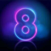 Purple neon tube number eight with fog on dark background. Neon color glowing number vector