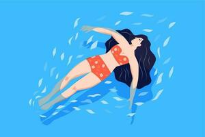 joven niña flotante en agua superficie. mujer nadando en espalda en mar. sano agua relajación vector