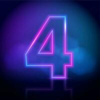 Purple neon tube number four with fog on dark background. Neon color glowing number vector