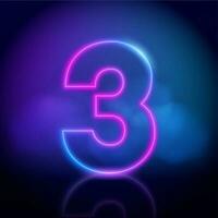 Purple neon tube number three with fog on dark background. Neon color glowing number vector