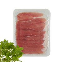 Fresh sliced pork in a plastic tray Cut out, isolated transparent background png