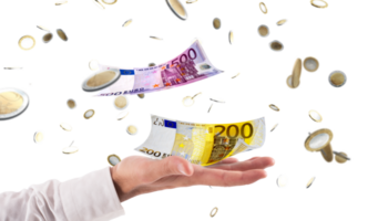 zakenman vangsten regenen geld. concept van succes in bedrijf zaken png