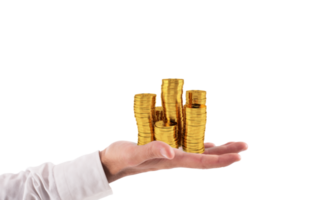 Businessman hold piles of gold money. Concept of success and company growth png