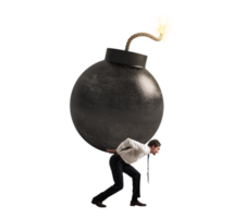 Isolated  businessman hold a big bomb. Concept of difficult career and failure png