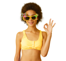 Happy  woman in vacation with ok gesture png