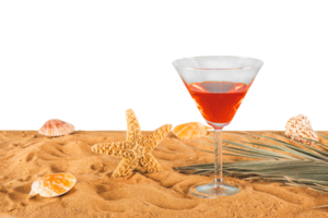 Fresh cocktail in a golden beach with seashells and starfish png