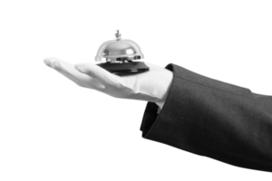 Waiter holds a bell in hand. Concept of first class service in your business png