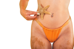 woman ready to the summertime holds a starfish in hand png