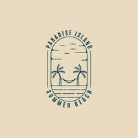 summer beach hammock line art logo vector illustration design. paradise island  emblem symbol. palm tree line art icon