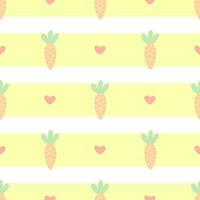 cute childish seamless pattern carrots and hearts in pastel colors on a background with yellow stripes vector