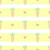 cute childish seamless pattern carrots and hearts in pastel colors on a background with yellow stripes vector