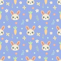 cute childish seamless pattern with bunny, carrot and flowers on a blue background vector