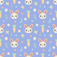 cute childish seamless pattern with bunny, carrot and flowers on a blue background vector