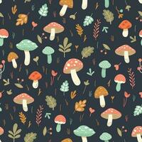 vector seamless autumn pattern with mushrooms and plants