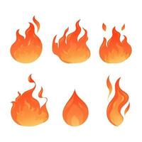 set of vector flare flames and bonfire, in red-orange colors, isolated on white background