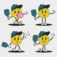 Pickleball ball character set. Funny groovy mascot in cap with racket. Trendy cartoon vector illustration.