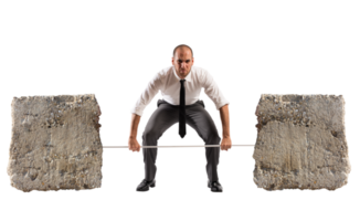 Powerful and determined  businessman trains with a barbell with stones png